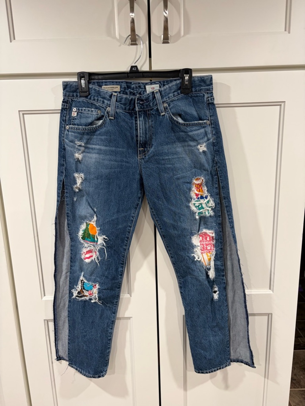 AG Distressed Blue Patchwork Women’s Jeans with side split